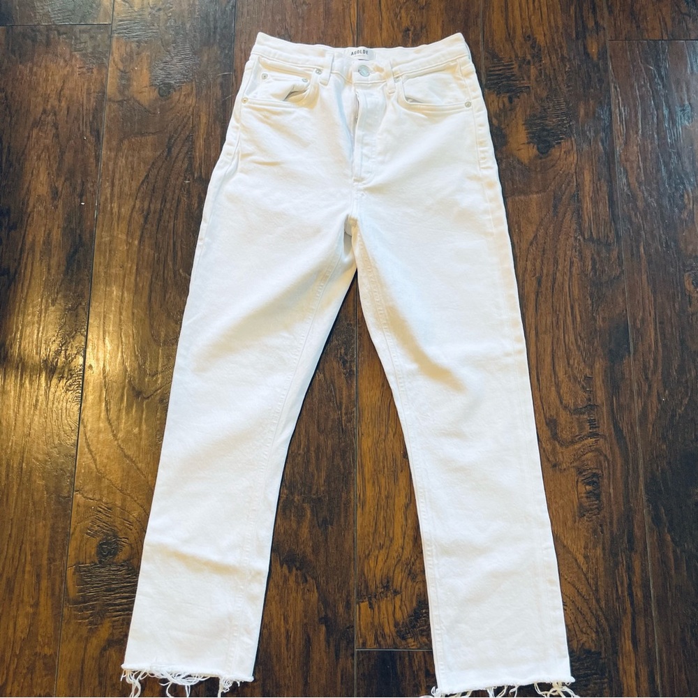 Agolde White High-Rise Straight Leg Denim with Raw Hem